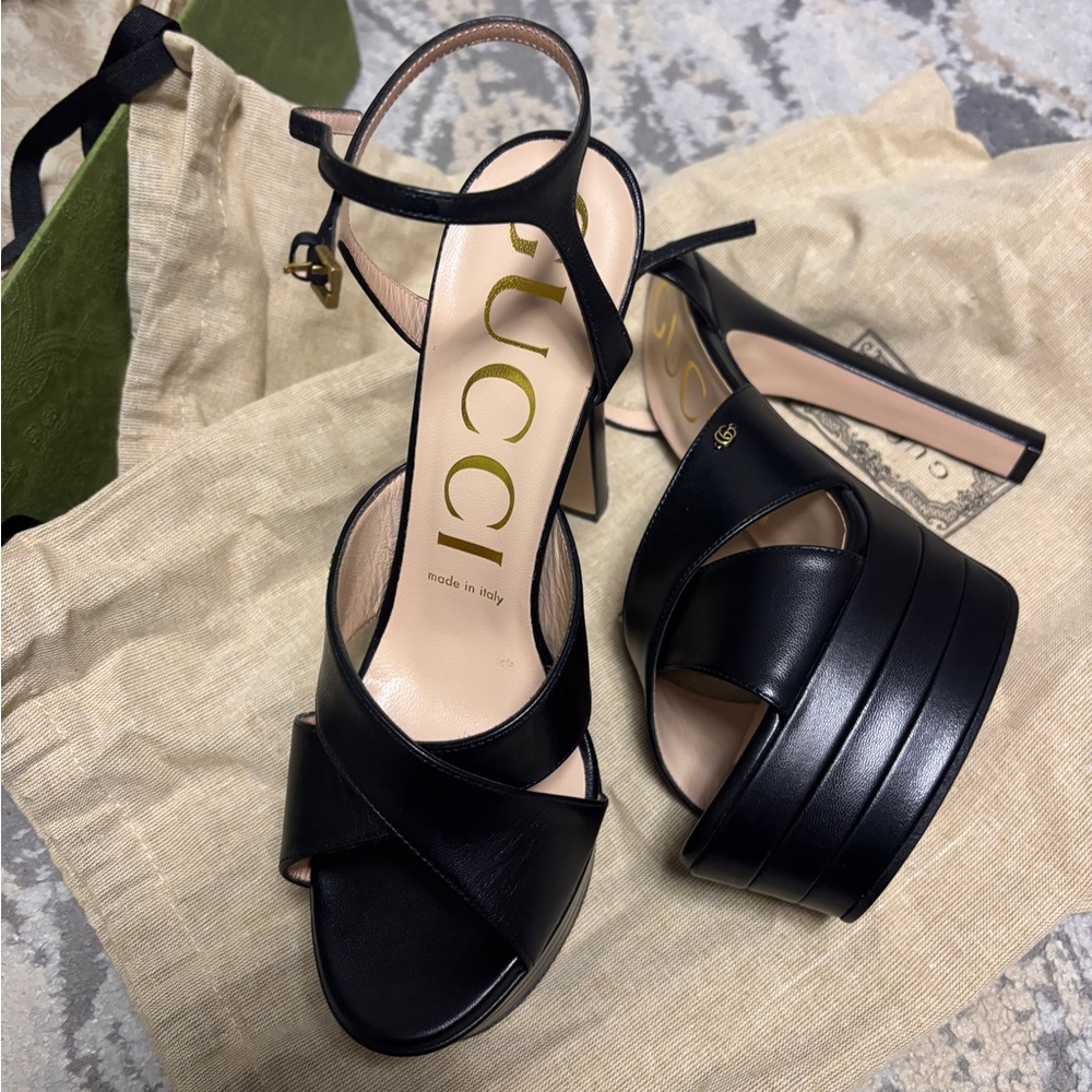 New Gucci Malaga Kld Platform Sandals Heels Black and skin rose color. - Picture 5 of 15